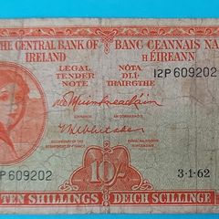Irish 1962 Lavery ten shilling banknote in used condition