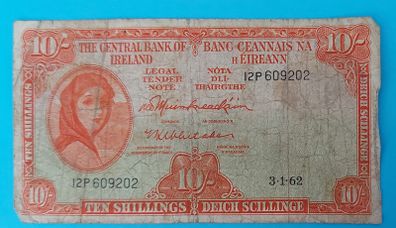 Irish 1962 Lavery ten shilling banknote in used condition