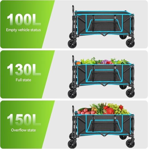 Festival Trolley on Wheels, Morpilot Folding Camping Cart 150L Foldable Garden Wagon with Adjustable Handle Collapsible Foldable Trollys for Beach Picnic Shopping Fishing Outdoor