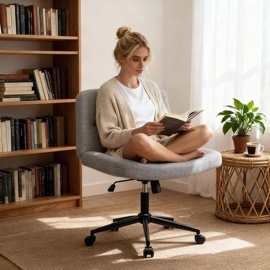 Mid-Back Cross-legged Desk Chair, Vanity Chair Dressing Table With Armless Seat for Home Office, Living Room, Bedroom(Grey)