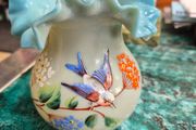 Hand painted Bristol Blue opaline glass vase