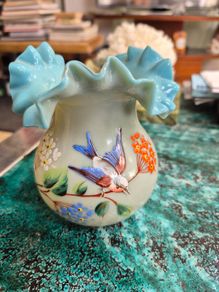 Hand painted Bristol Blue opaline glass vase