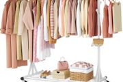 Clothes Rail Heavy Duty, Extendable &amp; Adjustable Clothing Hanging Rails, Clothing Rack Coat Rail with Lockable Wheels &amp; Shelves for Bedroom Living Room, White