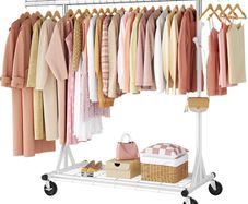 Clothes Rail Heavy Duty, Extendable & Adjustable Clothing Hanging Rails, Clothing Rack Coat Rail with Lockable Wheels & Shelves for Bedroom Living Room, White