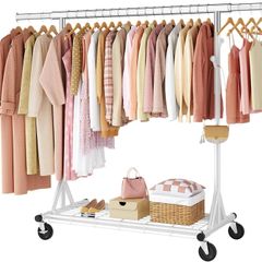 Clothes Rail Heavy Duty, Extendable & Adjustable Clothing Hanging Rails, Clothing Rack Coat Rail with Lockable Wheels & Shelves for Bedroom Living Room, White