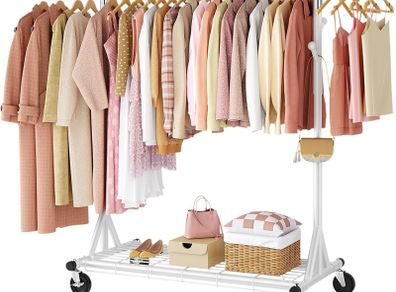 Clothes Rail Heavy Duty, Extendable & Adjustable Clothing Hanging Rails, Clothing Rack Coat Rail with Lockable Wheels & Shelves for Bedroom Living Room, White