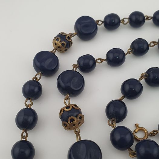Antique African Style Cobalt Blue Glass & Brass Beads Long Necklace