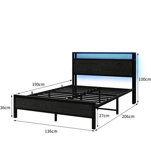 Double Bed Frame with LED Lights/Charging Station,4ft6 Metal Platform Bed Frame with Storage Headboard/Mattress Foundation/Metal Slat Support/No Box Spring Needed,Under-bed Storage,Black Bed