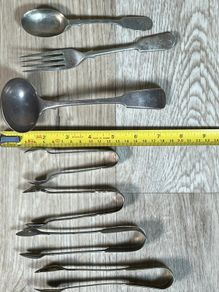 Vintage job lot of 9 EPNS Items - Sugar / Ice tongs, Ladle, Spoons & Fork