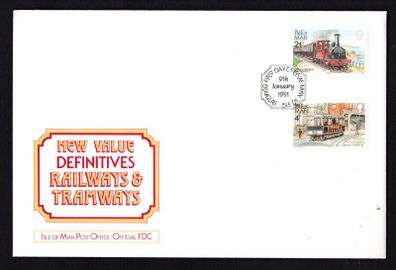 1991 Isle of Man Manx Railways and Tramways Stamp Reprints for 1991 Booklets Definitive Stamps First Day Cover (FDC)
