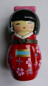 Vintage Japanese Friendship Doll in Red Kimono with Doll Trinket Porcelain Hinged Box