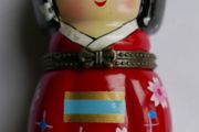 Vintage Japanese Friendship Doll in Red Kimono with Doll Trinket Porcelain Hinged Box
