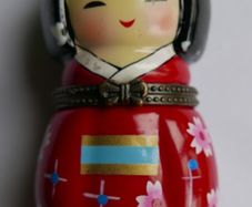 Vintage Japanese Friendship Doll in Red Kimono with Doll Trinket Porcelain Hinged Box