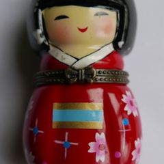 Vintage Japanese Friendship Doll in Red Kimono with Doll Trinket Porcelain Hinged Box