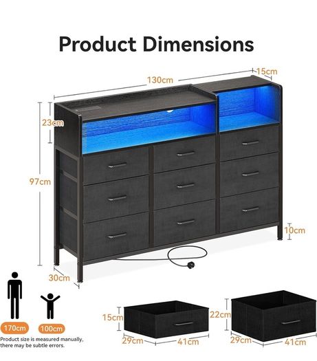 Black Chest of Drawers Bedroom, 9 Fabric Drawers, 130 x 30 x 97cm