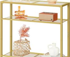 3-Tier Gold Console Table, Tempered Glass Sofa Table, Narrow Side Table, Modern Hallway Table, for Living Room, Foyer, Hallway, Bedroom, Metal Frame, Sturdy, Gold