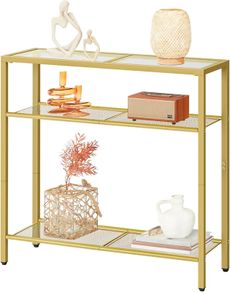 3-Tier Gold Console Table, Tempered Glass Sofa Table, Narrow Side Table, Modern Hallway Table, for Living Room, Foyer, Hallway, Bedroom, Metal Frame, Sturdy, Gold