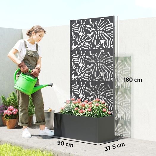 Planter with Trellis, Flower Box, with Privacy Screen, for Climbing Plants, Metal, 90 x 37.5 x 180 cm, black