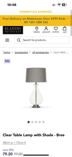 2 Ez living Clear Table Lamp with Shade - Bree x 2