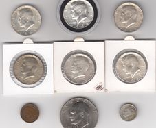 USA, 3 x Kennedy Half Dollar 90% silver coins & 3 x Kennedy Half Dollar 40% silver coins & 1946 Dime, 1904 cent,& 1776-1976 dollar (no. 445)