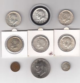 USA, 3 x Kennedy Half Dollar 90% silver coins & 3 x Kennedy Half Dollar 40% silver coins & 1946 Dime, 1904 cent,& 1776-1976 dollar (no. 445)
