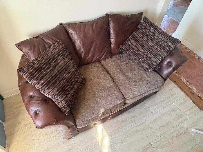 Chesterfield type leather/fabric brown beige sofa