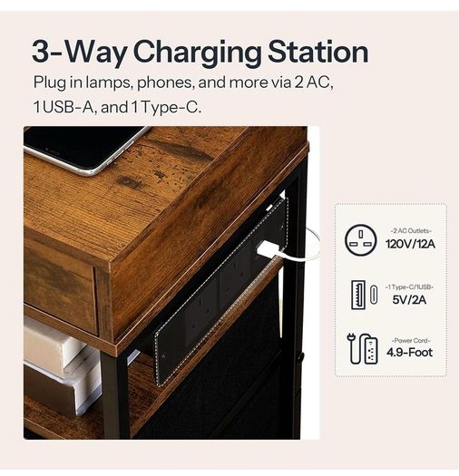 Bedside Table with Charging Station, Side Table with 4 Drawers, 2 AC Outlets, 1 USB-A, 1 Type-C, Nightstand for Bedroom, Living Room, Rustic Brown and Black