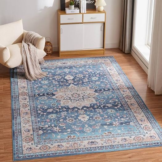 Washable Rugs Living Room Boho Rug for Bedroom Anti Slip Rugs Classic Large Rugs for Living Room Vintage Area Rugs Soft Short Pile Rug Washable Rugs Vintage 80x150CM Blue