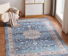 Washable Rugs Living Room Boho Rug for Bedroom Anti Slip Rugs Classic Large Rugs for Living Room Vintage Area Rugs Soft Short Pile Rug Washable Rugs Vintage 80x150CM Blue