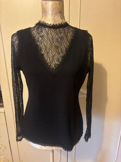 Mint Velvet - Black V Neck Top with Black Lace Sleeves and Neckline Size Medium