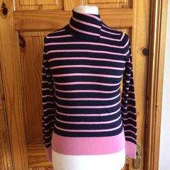 Marks and Spencer Ladies  Navy Blue and Pink striped Merino wool jumperUk 10 includes postage