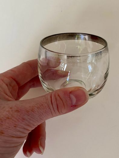 Set of six mid-century roly poly cocktail/punch glasses and tray