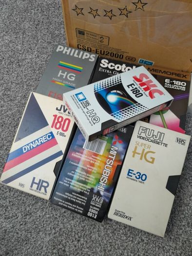7 Re-recordable VHS Cassettes, Recording Video Tapes. JVC, SCOTCH, PHILIPS, FUJI, MEMOREX.