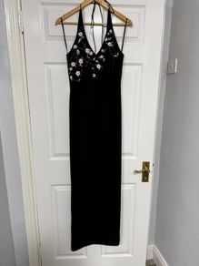 Stunning Black Velvet Maxi Dress - Pink Floral Embroidery UK8/10