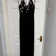 Stunning Black Velvet Maxi Dress - Pink Floral Embroidery UK8/10