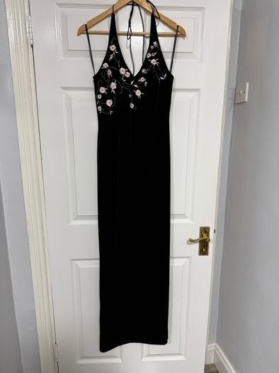 Stunning Black Velvet Maxi Dress - Pink Floral Embroidery UK8/10