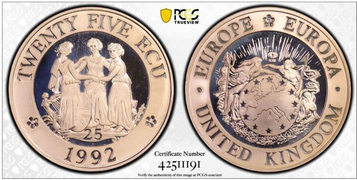 Great Britain 1992 Prooflike 25 Ecu Piedfort PCGS PR69DCAM  Three Graces Coin