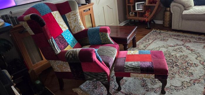 2 wingback armchairs, headboard & footstool