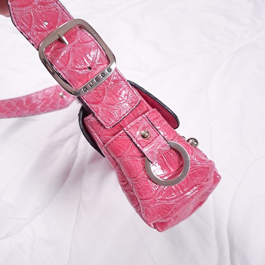 Guess Vintage Pink Croc Embossed Patent Leatherette Shoulder Bag Y2K