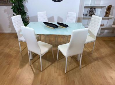 Modern Glass Dining Table Set Seats 6, White