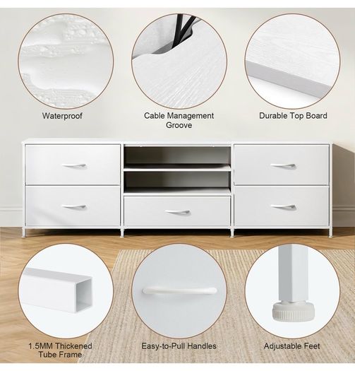 TV Stand Cabinet, TV Unit with 5 Drawers, 140 cm, White TV Console Table with Storage Organizers, Entertainment Center with Open Shelf for Living Room, Bedroom