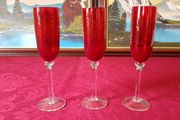 3 Piece Ruby Red Stemmed Swirl Champagne Flutes / Glasses