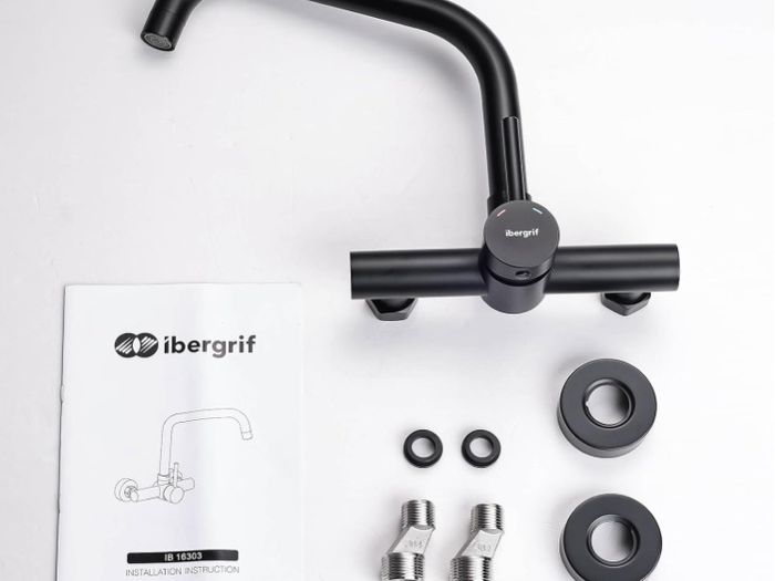 Ibergrif Kitchen Tap Wall Mounted 360 Rotation - Mixer Tap with Adjustable Mounting Hole Tap Kitchen Wall Tap Sink Black