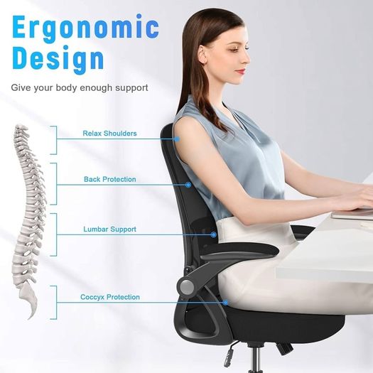 FREE EXPRESS SHIPPING Office Chair Ergonomic Desk with 90 Degree Flip-up Armrest Lumbar Support, Height Adjustable Chair, Executive Swivel Computer Padded Seat Cushion for Home/Office
