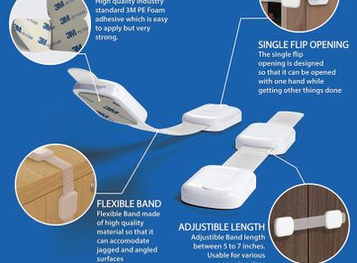8 Adjustable Child Safety Cupboard Locks (8 or 12 Pack) Baby Proof Cabinets & Drawers - Easy Install, No Tools Needed
