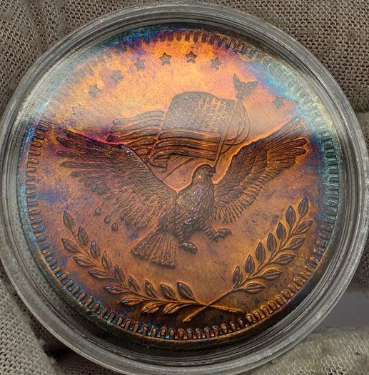 Silver Trade Unit One Troy Ounce .999 Fine Silver Coin Stunning Rainbow Toned Obverse and Reverse