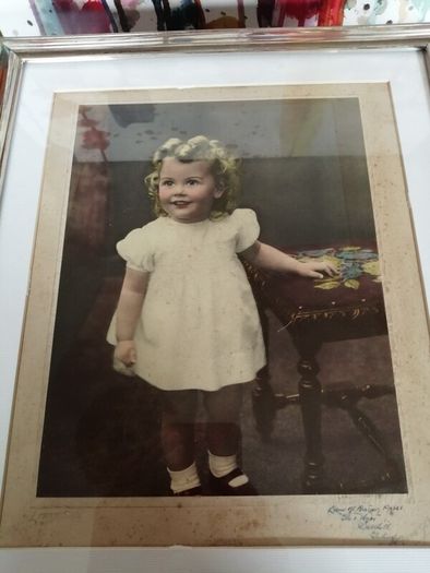 Large Vintage Framed Tinted Photo Portrait of a Young Girl