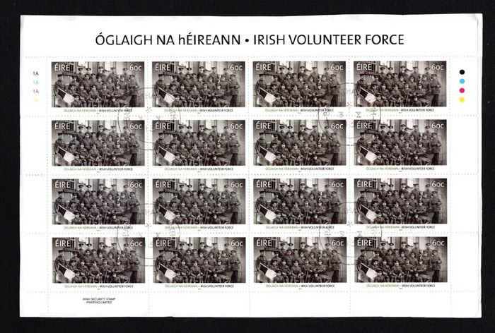 2013 Ireland Centenary of the Irish Volunteer Force Commemorative Stamp Sheetlet Plate 1A1A1A1A Fine CDS Used with Dublin cancel of 3rd October 2013 (First day of issued) on envelope extract.