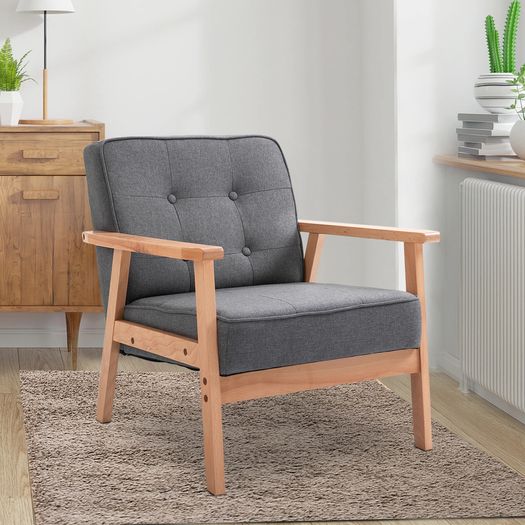 Sitting Chairs for Living Room, Wooden Accent Chair Lounge Armchair Retro Linen Fabric Upholstered w/ Arm Grey