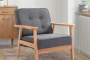 Sitting Chairs for Living Room, Wooden Accent Chair Lounge Armchair Retro Linen Fabric Upholstered w/ Arm Grey